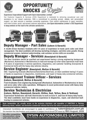 Jobs in Dysin Automobiles Limited Lahore